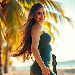 A beautifully curated image of a confident and attractive woman with long flowing hair, posing in a stylish, form-fitting outfit that accentuates her curves