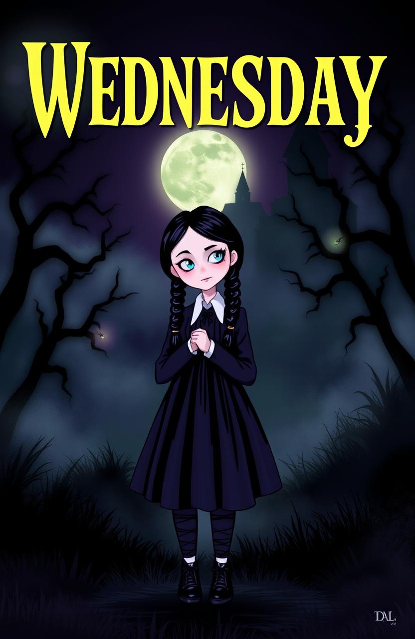 A captivating cover page for the 'Wednesday' series featuring the iconic character Wednesday Addams in her classic gothic attire