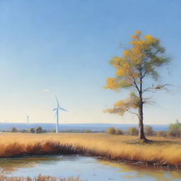 A tranquil landscape with scattered trees, a clear blue sky and a solitary wind turbine standing from left to right on the edge of the painting