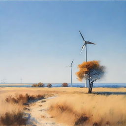 A tranquil landscape with scattered trees, a clear blue sky and a solitary wind turbine standing from left to right on the edge of the painting