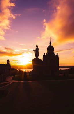 A captivating sunset in Volgograd, showcasing dramatic shadows cast by unique architectural structures