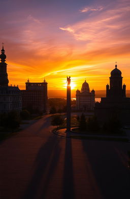 A captivating sunset in Volgograd, showcasing dramatic shadows cast by unique architectural structures