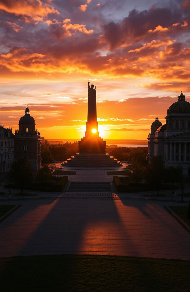 A captivating sunset in Volgograd, showcasing dramatic shadows cast by unique architectural structures