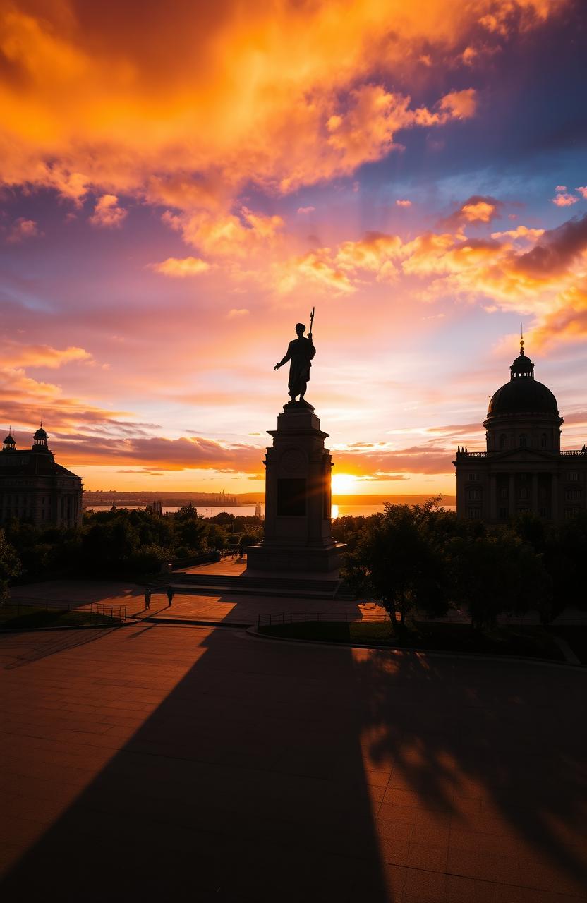 A captivating sunset in Volgograd, showcasing dramatic shadows cast by unique architectural structures