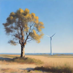 A tranquil landscape with scattered trees, a clear blue sky and a solitary wind turbine standing from left to right on the edge of the painting