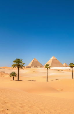 An expansive view of a simple Egyptian landscape featuring the iconic pyramids of Giza in the background, golden sandy dunes under a clear blue sky, and a few palm trees scattered throughout the scene