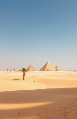 An expansive view of a simple Egyptian landscape featuring the iconic pyramids of Giza in the background, golden sandy dunes under a clear blue sky, and a few palm trees scattered throughout the scene