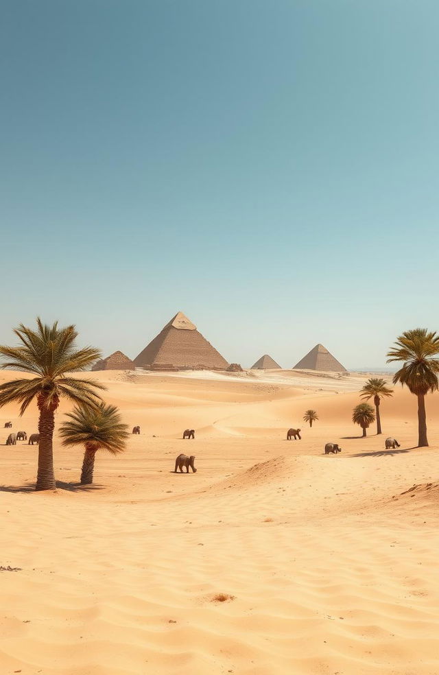 An expansive view of a simple Egyptian landscape featuring the iconic pyramids of Giza in the background, golden sandy dunes under a clear blue sky, and a few palm trees scattered throughout the scene