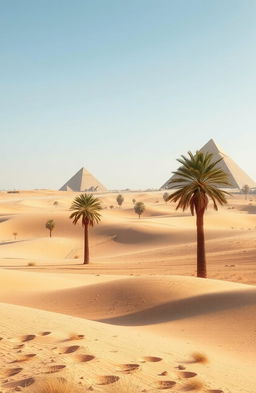 An expansive view of a simple Egyptian landscape featuring the iconic pyramids of Giza in the background, golden sandy dunes under a clear blue sky, and a few palm trees scattered throughout the scene