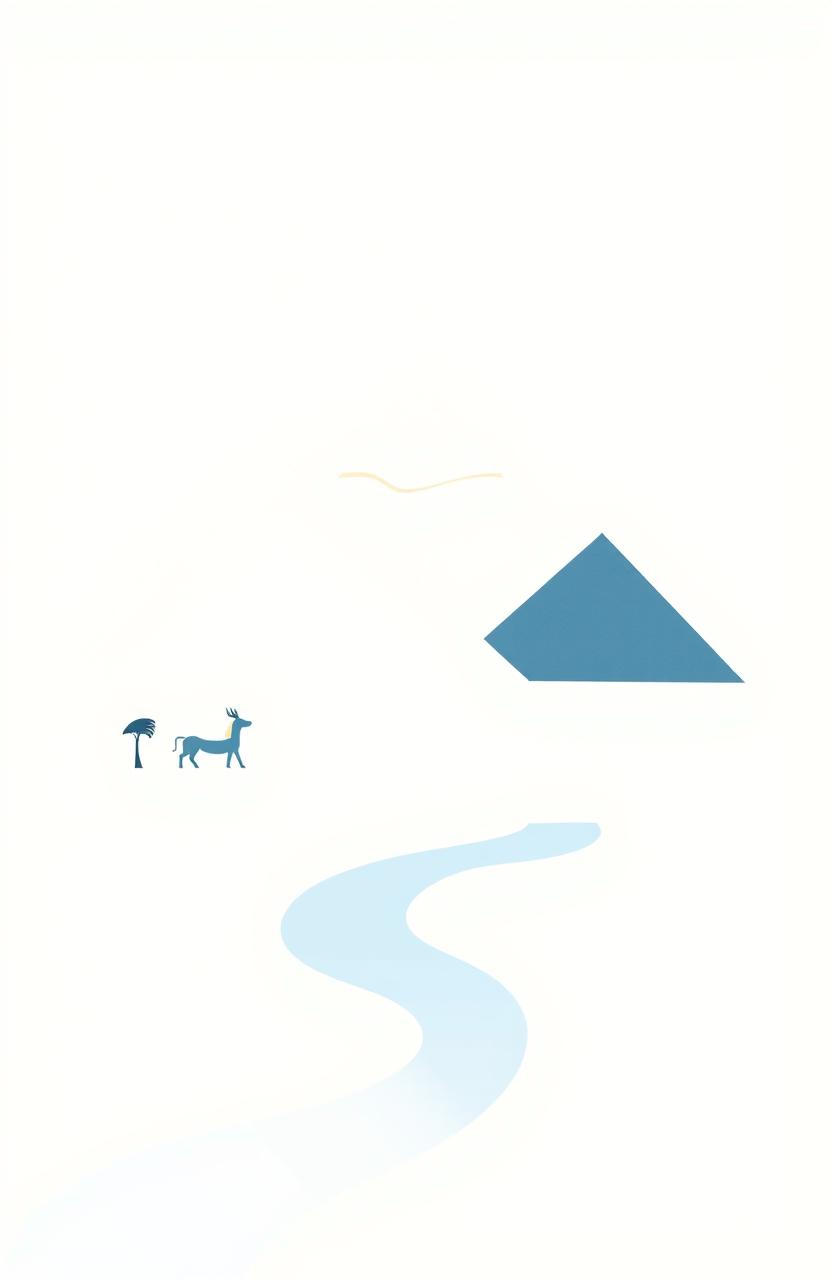 An abstract representation of ancient Egypt using only four colors: desert sand beige, Nile blue, papyrus white, and pyramid gold