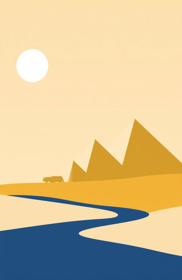 An abstract representation of ancient Egypt using only four colors: desert sand beige, Nile blue, papyrus white, and pyramid gold