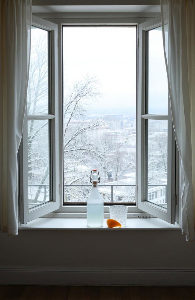 An empty room with an open window showcasing a serene view