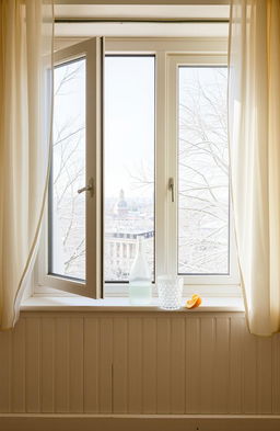 An empty room with an open window showcasing a serene view