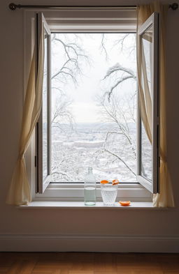 An empty room with an open window showcasing a serene view