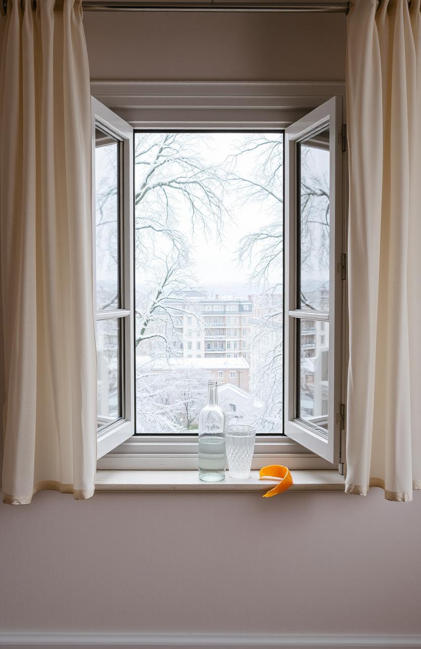 An empty room with an open window showcasing a serene view