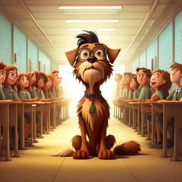 Animate a whimsical cartoon featuring an anthropomorphic dog who is a high school teacher, emphasizing his struggles as he tries to thrive in a human-dominated environment. He should have an expression of realization upon finding out he is known as 'man's best friend'.