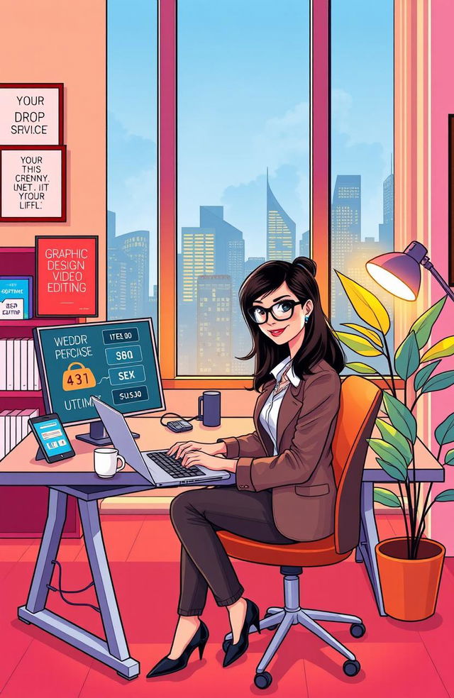 A vibrant and modern illustration representing the concept of drop servicing, showcasing a confident entrepreneur sitting at a sleek desk with multiple screens displaying various digital services like graphic design, video editing, and SEO optimization