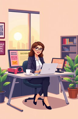 A vibrant and modern illustration representing the concept of drop servicing, showcasing a confident entrepreneur sitting at a sleek desk with multiple screens displaying various digital services like graphic design, video editing, and SEO optimization