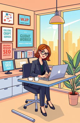 A vibrant and modern illustration representing the concept of drop servicing, showcasing a confident entrepreneur sitting at a sleek desk with multiple screens displaying various digital services like graphic design, video editing, and SEO optimization