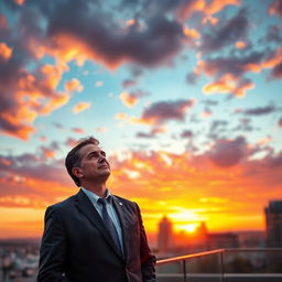 A software company CEO, a confident middle-aged man wearing a tailored suit, standing on a rooftop terrace against a backdrop of a vibrant sunset sky filled with dramatic clouds