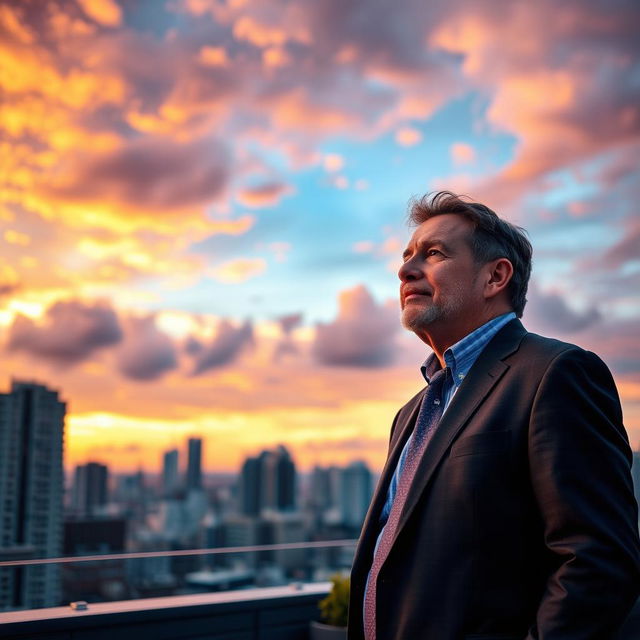 A software company CEO, a confident middle-aged man wearing a tailored suit, standing on a rooftop terrace against a backdrop of a vibrant sunset sky filled with dramatic clouds