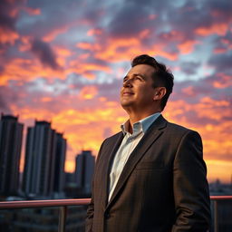 A software company CEO, a confident middle-aged man wearing a tailored suit, standing on a rooftop terrace against a backdrop of a vibrant sunset sky filled with dramatic clouds