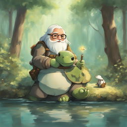 Aged DnD Tortle Healer in a pastel Studio Ghibli-style painting with a tranquil woodland setting.