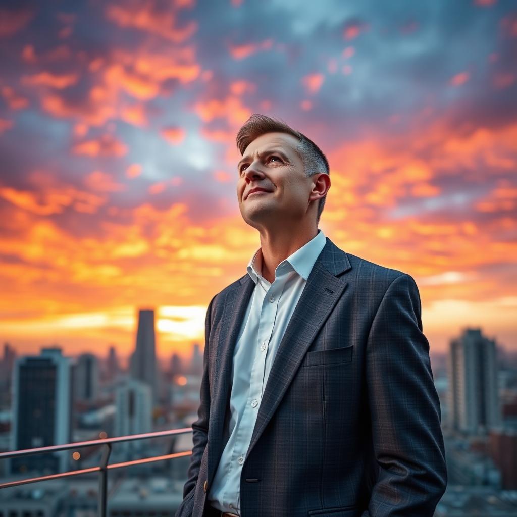 A software company CEO, a confident middle-aged man wearing a tailored suit, standing on a rooftop terrace against a backdrop of a vibrant sunset sky filled with dramatic clouds