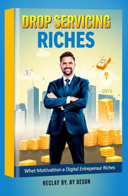 An eye-catching eBook cover design for "Drop Servicing Riches" featuring a vibrant color palette of gold and blue