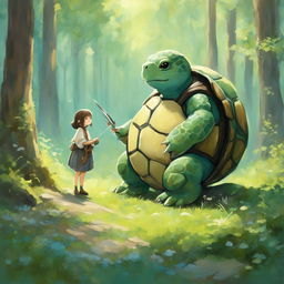 Aged DnD Tortle Healer in a pastel Studio Ghibli-style painting with a tranquil woodland setting.