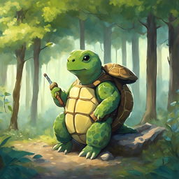 Aged DnD Tortle Healer in a pastel Studio Ghibli-style painting with a tranquil woodland setting.