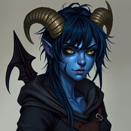 A full body image of a 25-year-old female tiefling rogue from Dungeons & Dragons