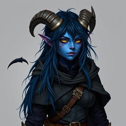 A full body image of a 25-year-old female tiefling rogue from Dungeons & Dragons
