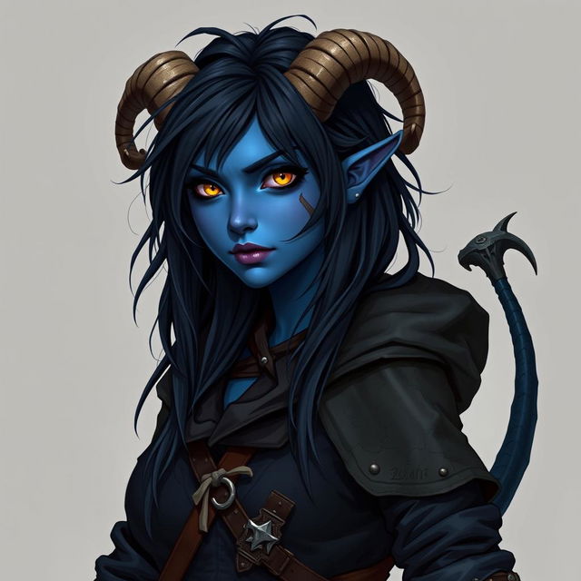 A full body image of a 25-year-old female tiefling rogue from Dungeons & Dragons