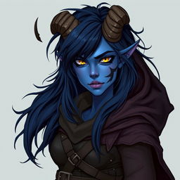 A full body image of a 25-year-old female tiefling rogue from Dungeons & Dragons