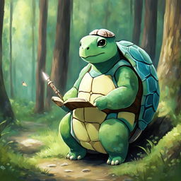 Aged DnD Tortle Healer in a pastel Studio Ghibli-style painting with a tranquil woodland setting.