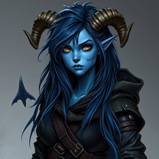 A full body image of a 25-year-old female tiefling rogue from Dungeons & Dragons