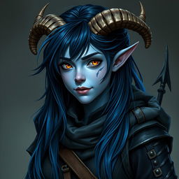 A full body image of a 25-year-old female tiefling rogue from Dungeons & Dragons