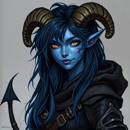 A full body image of a 25-year-old female tiefling rogue from Dungeons & Dragons