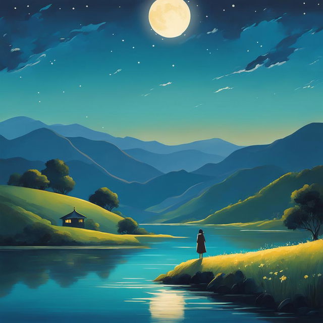 A serene Studio Ghibli-style abstract landscape under a moonlit night with rolling hills, a tranquil river, and a solitary figure standing on a hilltop