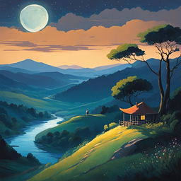 A serene Studio Ghibli-style abstract landscape under a moonlit night with rolling hills, a tranquil river, and a solitary figure standing on a hilltop