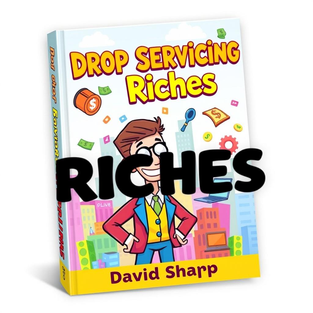 A fun and engaging cartoon-style eBook cover for "Drop Servicing Riches" by David Sharp