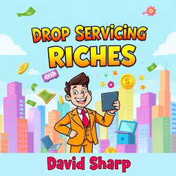 A fun and engaging cartoon-style eBook cover for "Drop Servicing Riches" by David Sharp