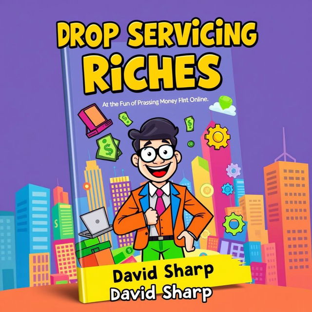 A fun and engaging cartoon-style eBook cover for "Drop Servicing Riches" by David Sharp