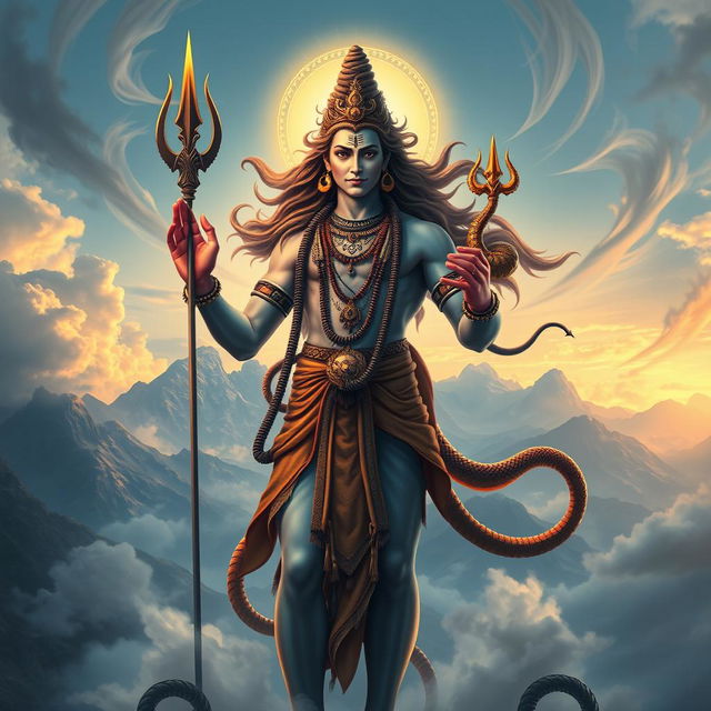 A majestic depiction of Shiva, the Hindu god, adorned with intricate jewelry and flowing hair, standing in a powerful pose