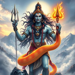 A majestic depiction of Shiva, the Hindu god, adorned with intricate jewelry and flowing hair, standing in a powerful pose