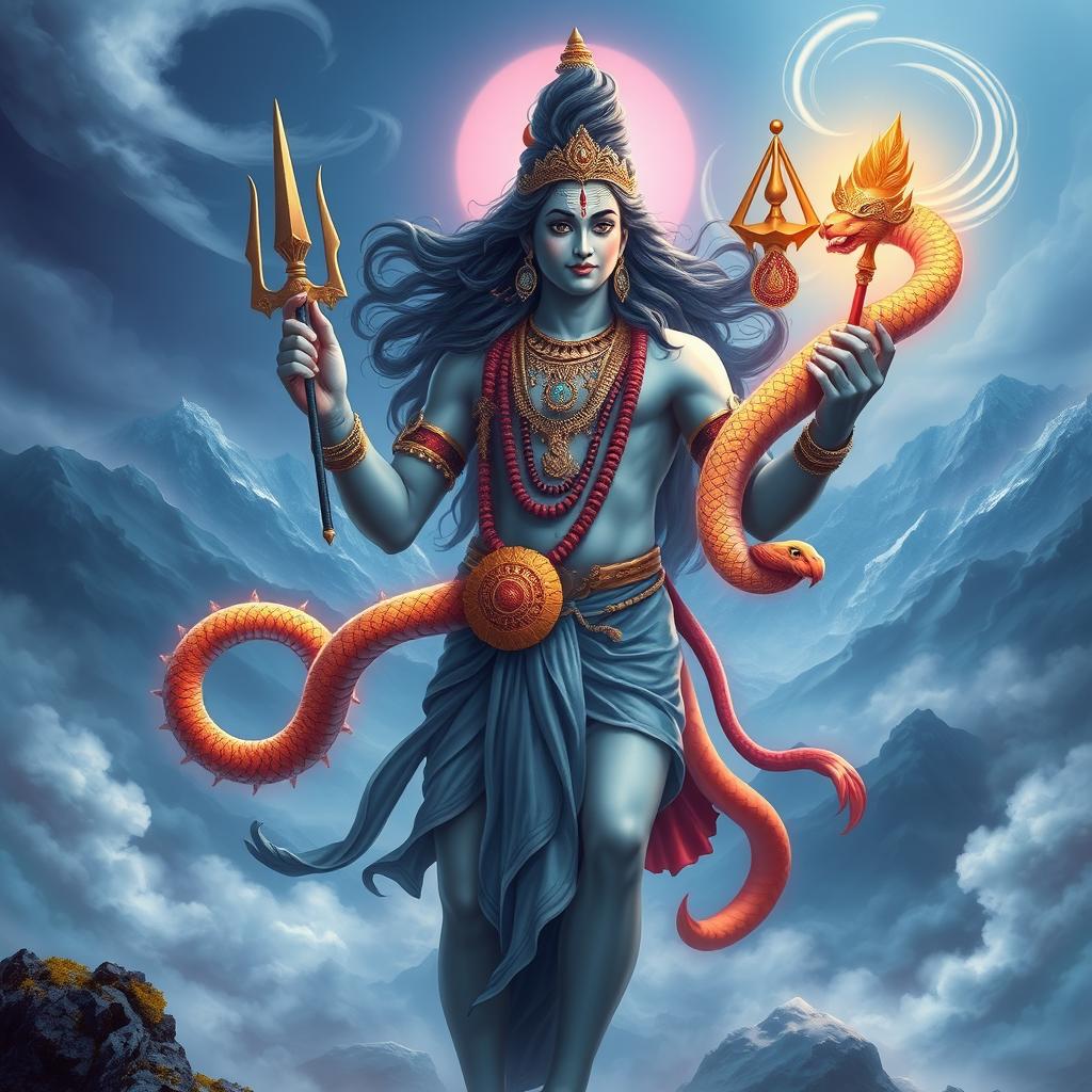 A majestic depiction of Shiva, the Hindu god, adorned with intricate jewelry and flowing hair, standing in a powerful pose