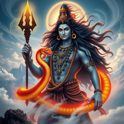 A majestic depiction of Shiva, the Hindu god, adorned with intricate jewelry and flowing hair, standing in a powerful pose