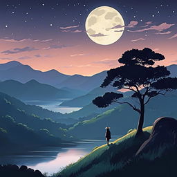 A serene Studio Ghibli-style abstract landscape under a moonlit night with rolling hills, a tranquil river, and a solitary figure standing on a hilltop