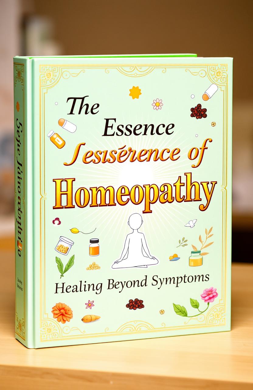 A luxurious and attractive book cover titled 'The Essence of Homeopathy: Healing Beyond Symptoms'